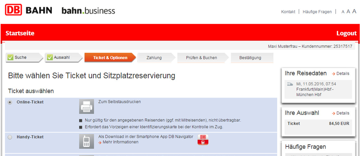 . Ticket & Optionen In dieser Übersicht haben Sie die Möglichkeit, die Art des Tickets auszuwählen.