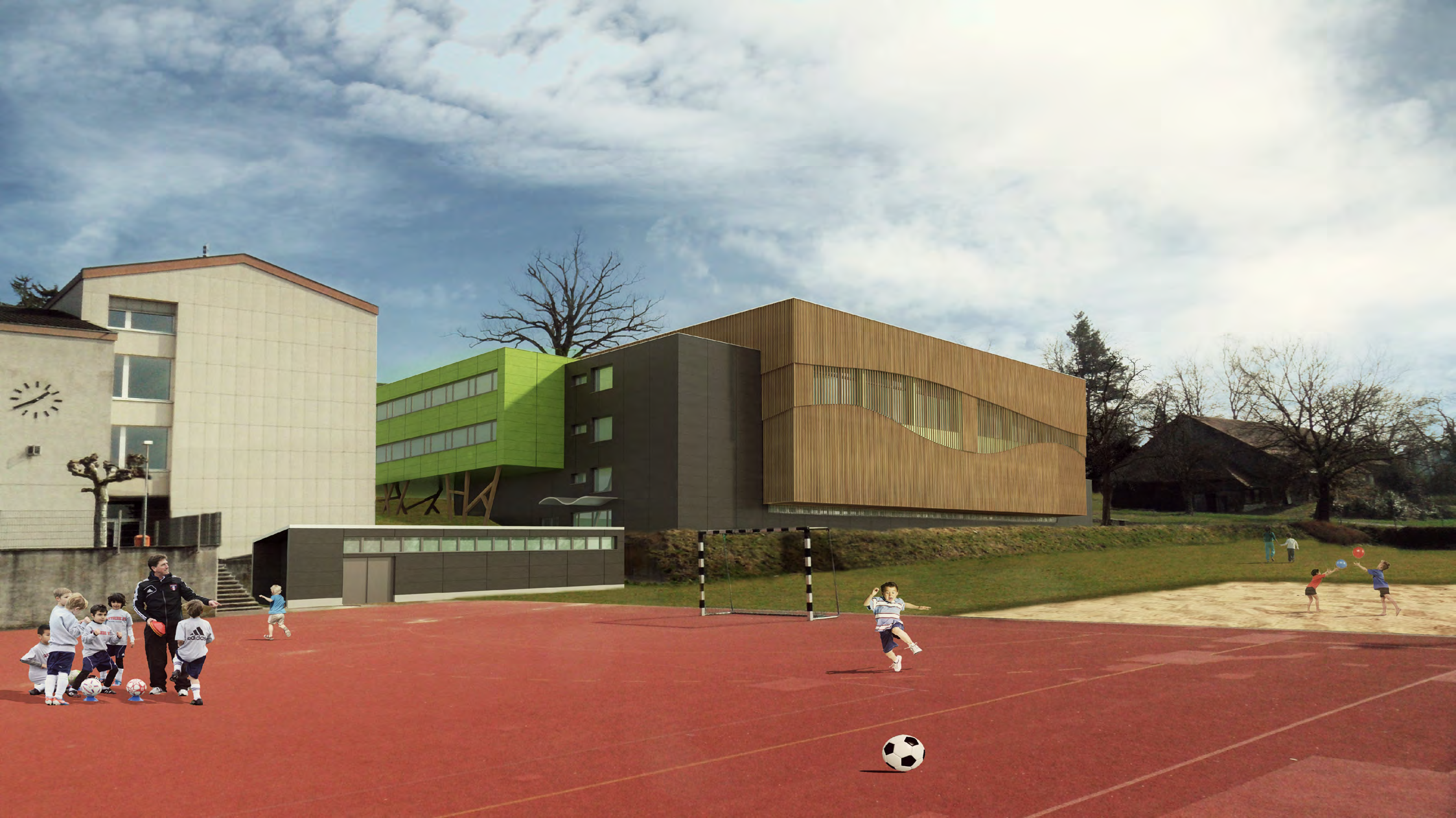 Architekturkonzept Die räumliche Stellung des Neubaus der Turnhalle orientiert sich an der orthogonalen Ausrichtung des bestehenden Schulbaus.
