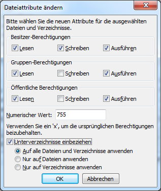 Abbildung 9: Abbildung, setzen der Datei-Berechtigungen auf dem FTP- Server 4. Wenn Sie UliCMS in dem Hauptordner installiert haben, rufen Sie [www.ihredomain.de]/update.php im Browser auf. 5.