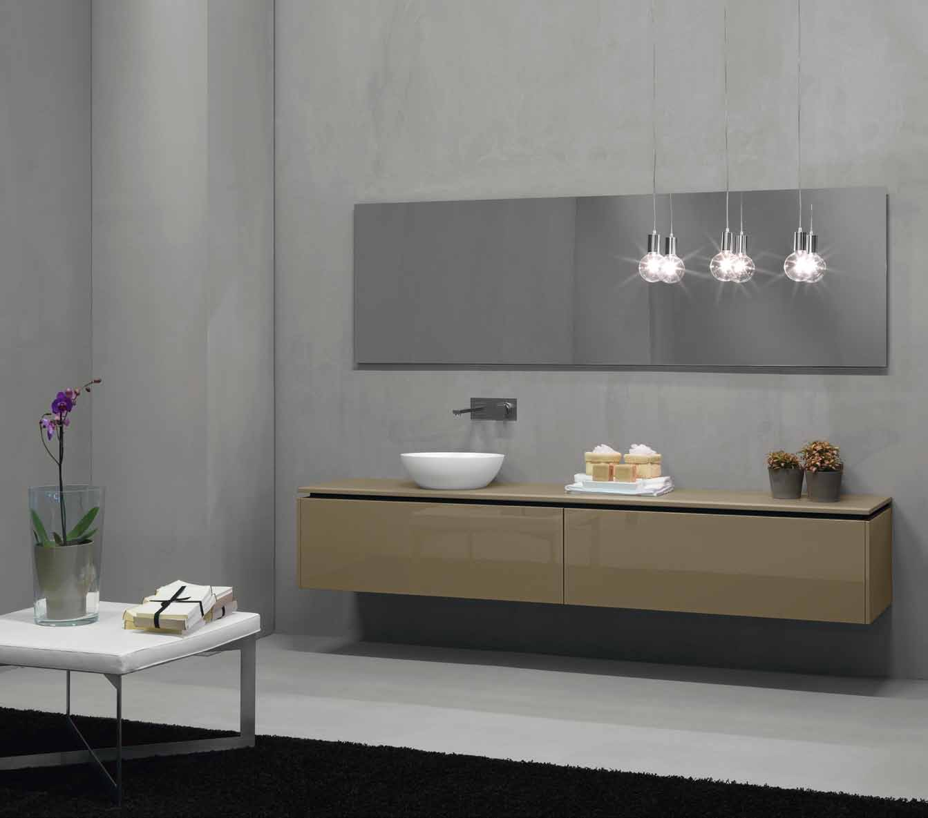 K.FORTY clay glossy lacquered, washbasin BOWL hi-macs, mirror 2HD led, lamp EVE chrome, complements SOFT HD polished steel + brushed steel + leather meuble K.