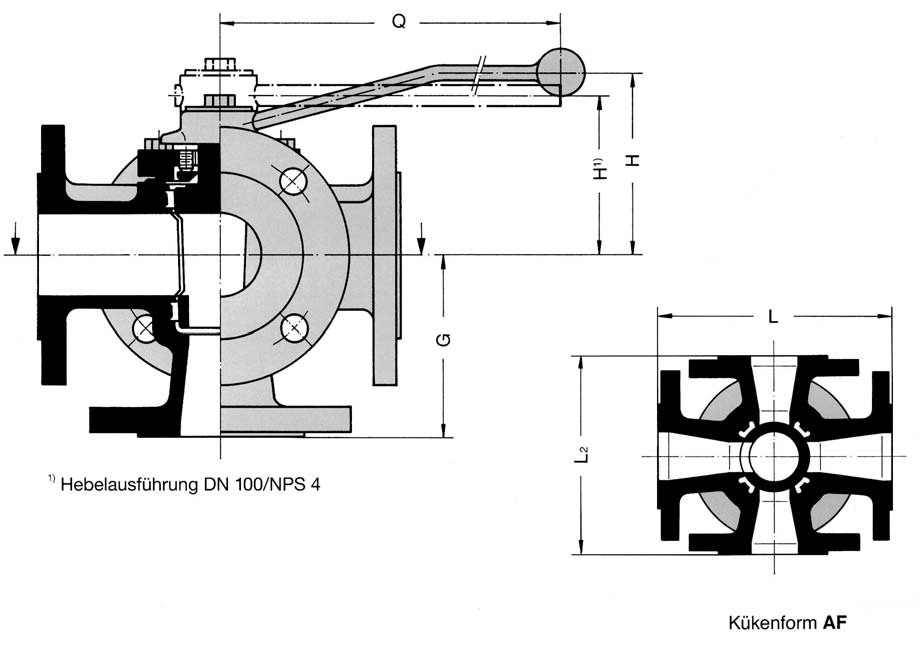 TUFLIN Fünfwegehahn mit Flanschanschluss Typ 157 DIN PN 10 40 DN 25 100 Typ 057 ASME Class 150 NPS 1 4 Typ 0357 ASME Class 300 auf Anfrage ca.