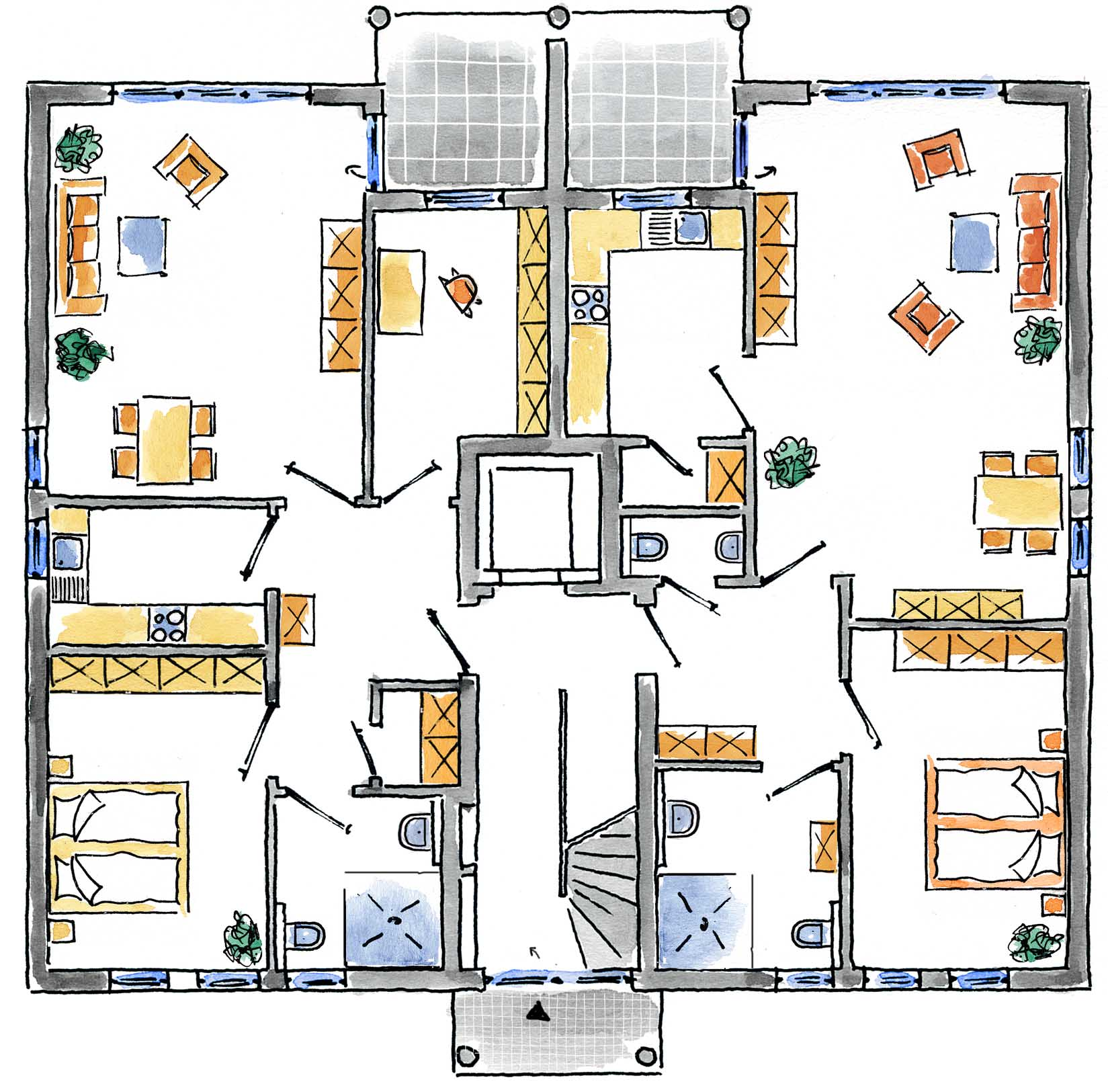 Wohnung 1 und 2 im EG überdachte Terrasse überdachte Terrasse Wohnen/Essen Arbeiten Wohnen/Essen Fahrstuhl WC Treppenhaus Abst Wohntyp 1 (Erdgeschoss) Wohnen 25,11 qm 13,91 qm 6,15 qm 5,84 qm