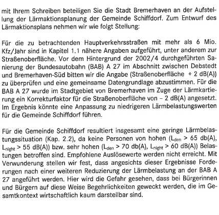 Abwägungsvorschlag Lärmaktionsplan der Gemeinde Schiffdorf 2. Seestadt Bremerhaven Stellungnahme am 03.05.