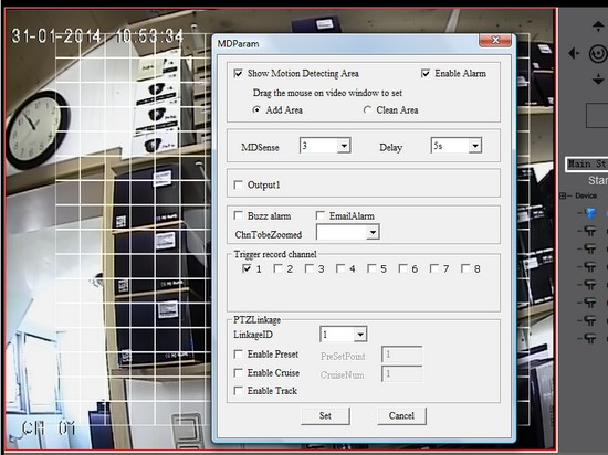 MD Param Motion Detection Parameter es erscheint ein Konfigurationsfenster um die Einstellungen für die Bewegungserkennung zu ändern.