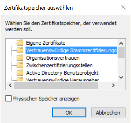 Abbildung 4: Zertifikatimport-Assistent - Zertifikatspeicher Schritt 7: Wählen Sie den Ordner Vertrauenswürdige Stammzertifizierungsstellen (siehe Abbildung 5) aus, klicken Sie