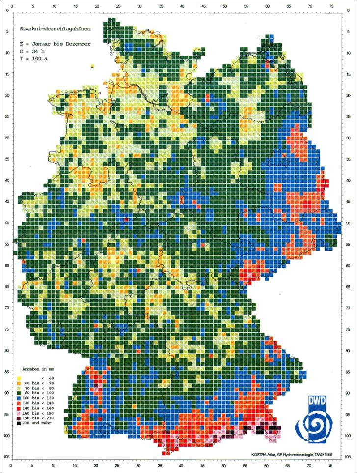 KOSTRA Atlas (Koordinierte Starkniederschlags- Regionalisierungs- Auswertungen) Katalog des DWD, in dem für die verschiedensten Regionen in Deutschland die Extremniederschläge angegeben sind.