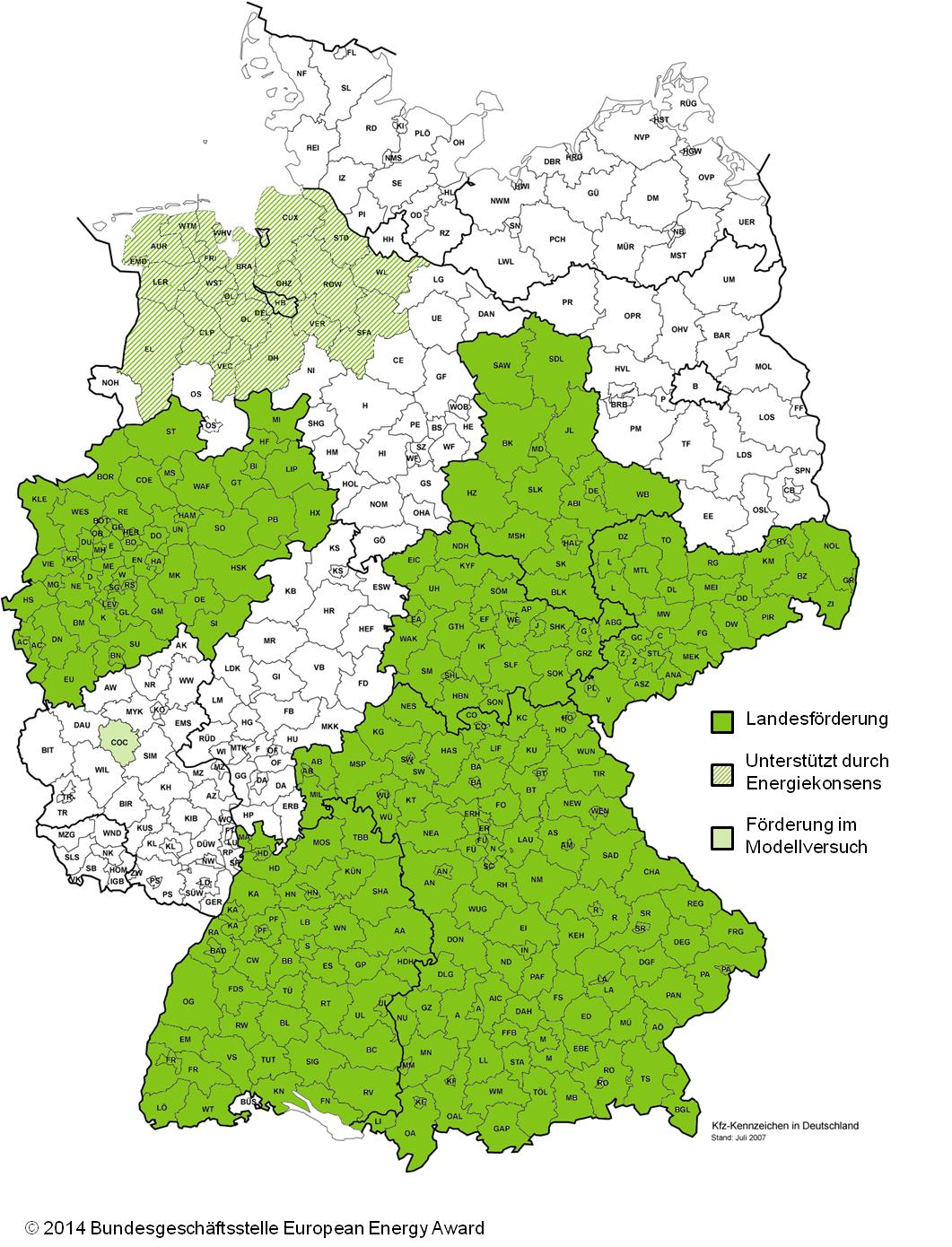 Der European Energy Award für Städte, Gemeinden und Landkreise wird in fünf Bundesländern (Nordrhein-Westfalen, Baden-Württemberg, Sachsen, Sachsen-Anhalt, Thüringen sowie in Teilen von Niedersachsen