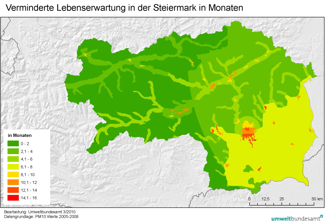 Exposition PM2,5 in der Steiermark Zusammenfassung Abbildung: Abgeschätzte Reduktion der Lebenserwartung in Monaten aufgrund der Belastung der Außenluft durch Feinstaub in der Steiermark im Vergleich