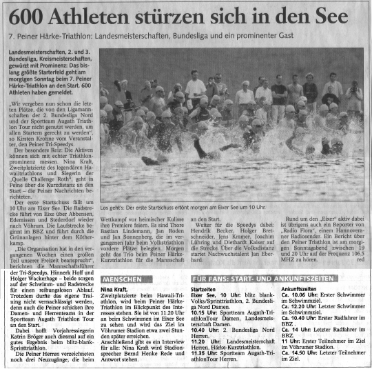 Ergebnisse Peiner Blitz-Blank Sprint Triathlon 2003 Sportteam Augath Tour Damen Platz Mannschaft Zeit Punkte 1 Hannover 96 II 3:27:44 25 2 Tri Team Braunschweig