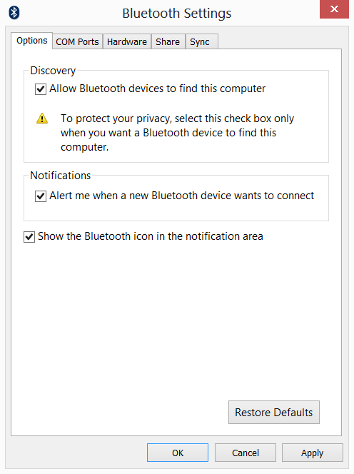 4. Aktivieren Sie die Option Bluetooth-Geräte können diesen Computer erkennen, klicken Sie auf Übernehmen und anschließend auf OK.