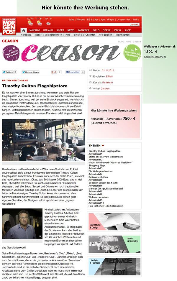 Die CEASON-Microsite besteht aus 20 Artikeln (9 x redaktionelle Artikel, 1 x Shopping-Tipps in Hamburg und 10 x Kunden-Advertorials) und ist untergliedert in die Bereiche: - Mode & Shopping -