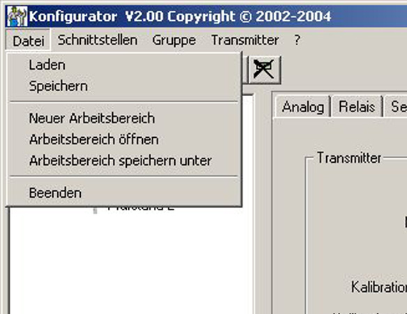 3. MENÜPUNKTE 3.1 Datei Laden: Eine Archivdatei mit gespeicherter Messumformer-Konfiguration wird geladen. Speichern: Vorliegende Messumformer-Konfiguration in eine Archivdatei speichern.