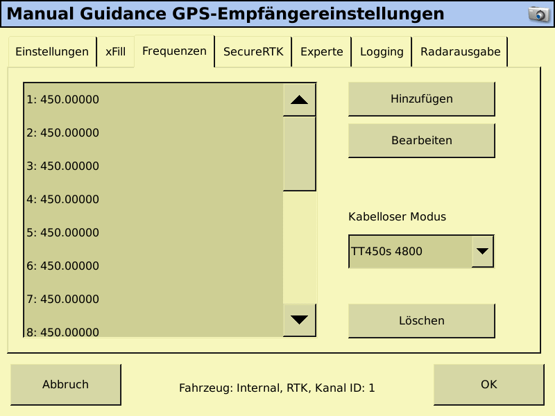 9.4 RTK Funk (Benötigt Omnistar+RTK+(Optional: Glonass)-Freischaltung Wählen Sie CenterPoint RTK Es können mehrere RTK Kanäle eingestellt werden.