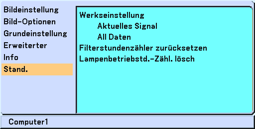 5. Anwendung des Bildschirm-Menüs [Seite 2] Quellenindex Horizontale Frequenz Vertikale Frequenz Synch.-Polarität Signaltyp Videotyp Synch.-typ Interlace Menü-Beschreibungen & Funktionen [Stand.