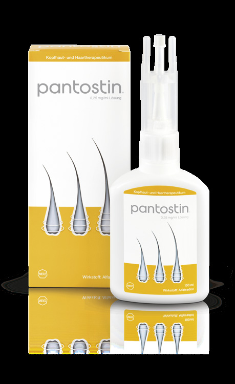 Pantostin enthält den Wirkstoff Alfatradiol und wird 1 x täglich, am besten vor dem Schlafengehen, auf die Kopfhaut aufgetragen und einmassiert.