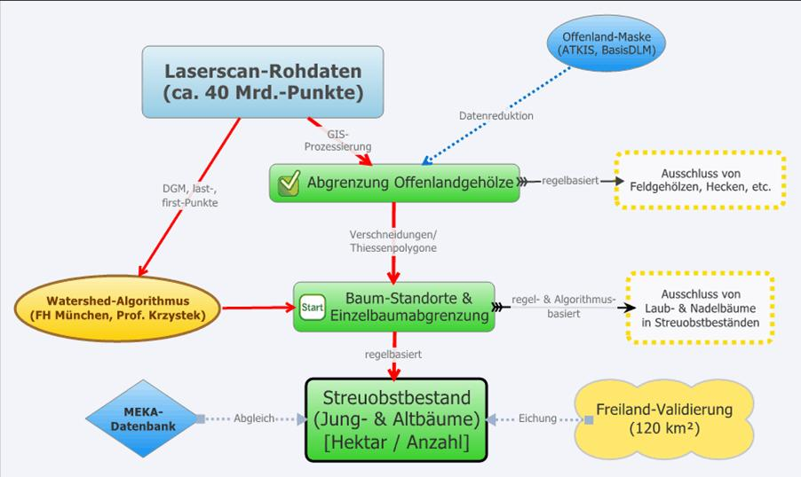 Schwerpunktthema Streuobst Landinfo 2/2010 Methoden Prozessierung der Laserscan-Daten Im ersten Analyseschritt erfolgte eine Reduktion der Datenmenge auf die Offenlandschaft mithilfe der