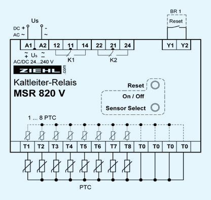 Kaltleiter-Relais Typ MSR820V 8-fach Auslösegerät MSR820V Mehrfach-Motorschutzgerät mit 8 Eingängen. Alarmmeldung bei Übertemperatur oder Störung in einem Kaltleiterkreis durch gemeinsames Relais.
