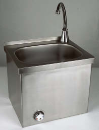 Lavatory basin made of stainless steel, wall-mounted with preset mixer, for elbow lever