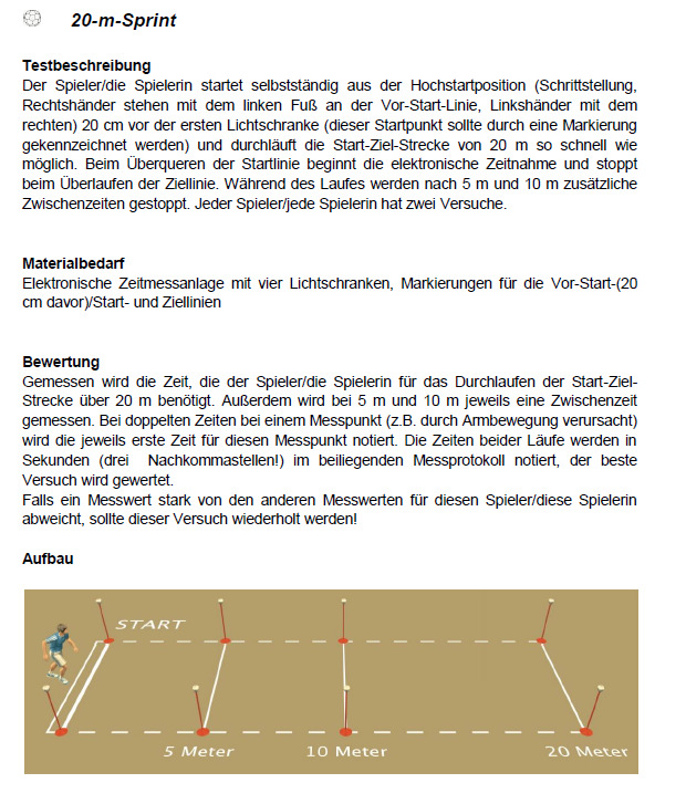 2. Beschreibung der Leistungsüberprüfung (Tests) Es werden 2 Tests abgenommen. Dies sind der 20-Meter-Sprint sowie der Jump-and- Reach-Test. Beide Tests werden nur einmal aufgebaut.