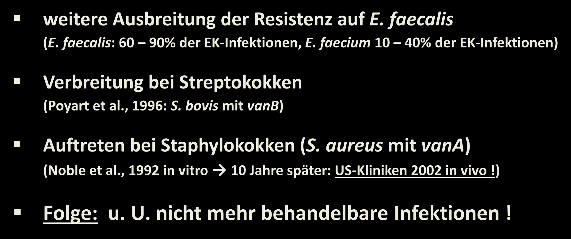 Risiken der Glycopeptidresistenz bei Enterokokken (E. faecium = Reservoir) weitere Ausbreitung der Resistenz auf E. faecalis (E. faecalis: 60 90% der EK-Infektionen, E.