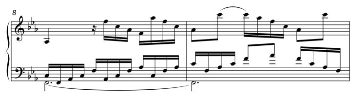 Die weitgespannten Dreiklangsbrechungen, die im Präludium eine so wichtige Rolle spielen, finden sich in Friedemanns Tastenmusik