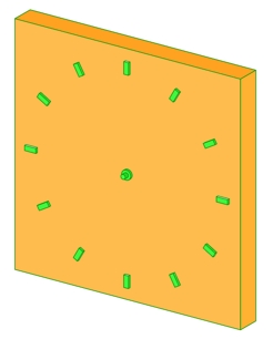 Uhr Ziffernblatt: Erzeuge einen Quader ( 10 x 100 x 100 ) mit einer Farbe deiner Wahl und verschiebe diesen T( 10 / 50 / 50 ) damit die x- Achse in der Mitte des Ziffernblattes ist.