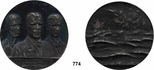 60 M E D A I L L E N Eisenkunstguß 774 Medaille 1914 (Franz Eue bei Ball, Berlin): DREI HELDEN ZUR SEE.