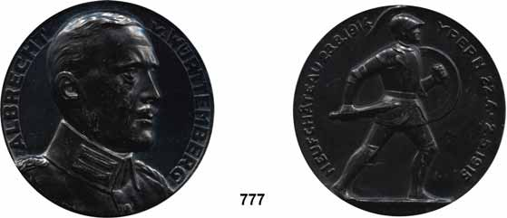 M E D A I L L E N 61 Eisenkunstguß 777 Medaille 1915 (unbekannter Medailleur bei Ball, Berlin) auf Albrecht Herzog von Württemberg und die Schlachten bei Neufchâteau und Ypern. Brustbild rechts.