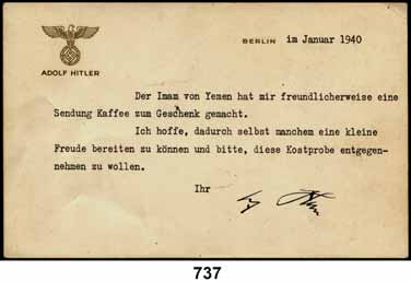 1940 mit Originalunterschrift von Adolf Hitler als Begleitschreiben zu einer Geschenksendung.