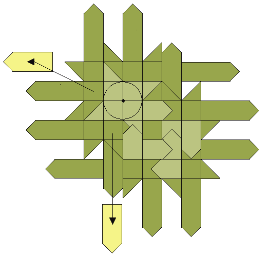 Doppelstern 6. Das ist die Grundform I. Die gelb markierten Streifen zur Spitze 1 falten. Anschließend Mitte II falten und die aus den Spitzen ragenden Streifen abschneiden. 7.