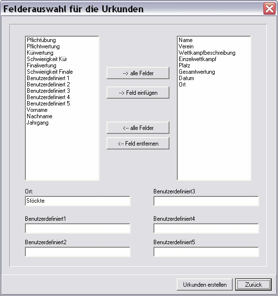 Felder für die Urkunde Beispiel mit Office XP: In