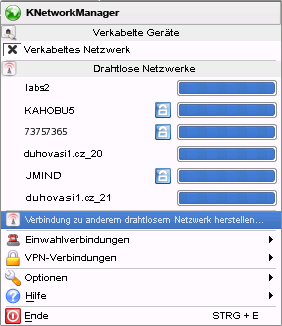 Wenn Sie mit der rechten Maustaste auf das Symbol klicken, wird das KNetworkManager-Menü mit verschiedenen Optionen für die Verwaltung der Netzwerkverbindungen geöffnet.