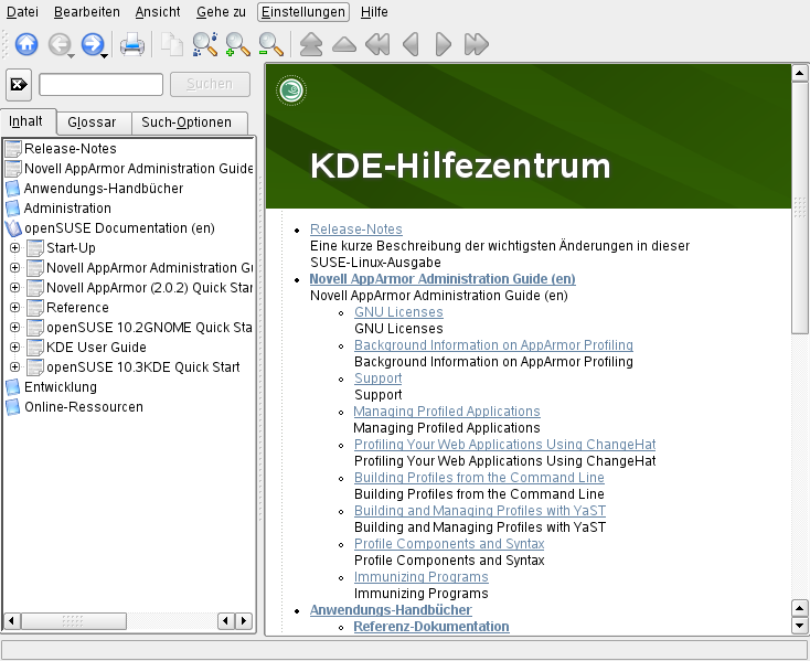 Abbildung 12.1 Hauptfenster des KDE-Hilfezentrums Der Navigationsbereich im linken Fensterbereich enthält mehrere Registerkarten: Inhalt Zeigt eine Baumansicht aller verfügbaren Informationsquellen.