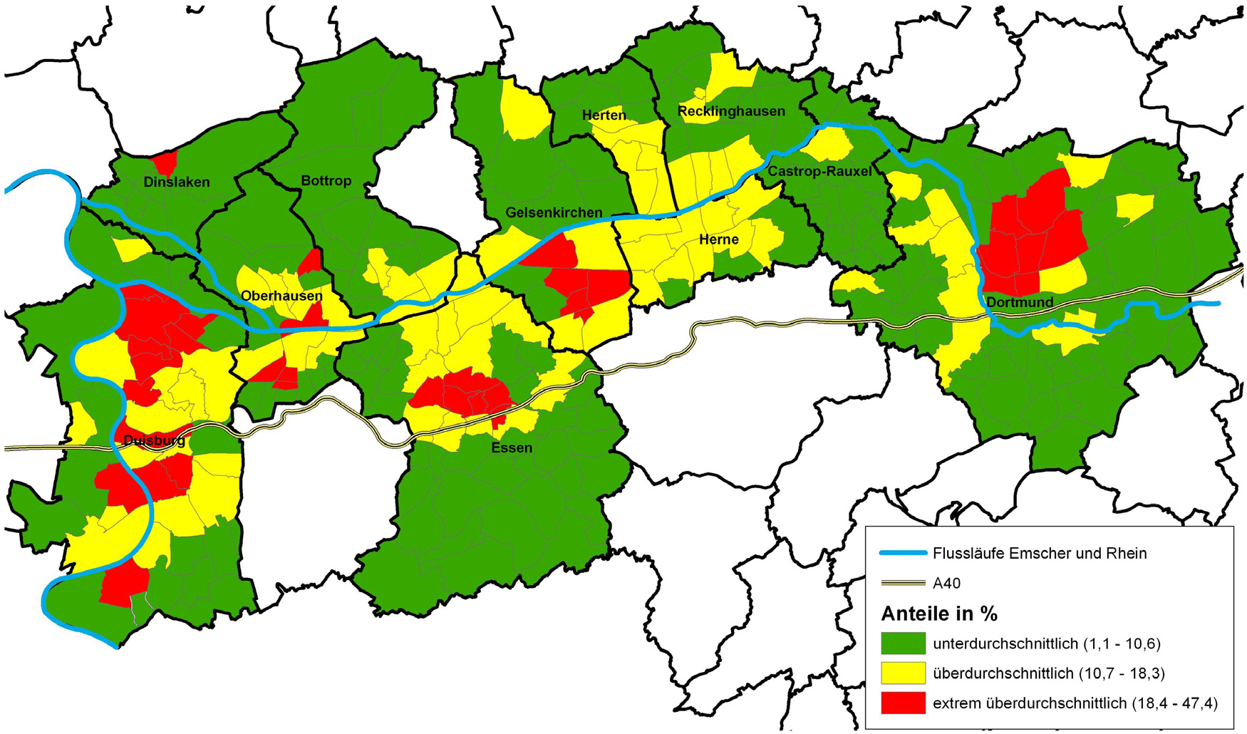 Karte 6: Anteile der nichtdeutschen Bevölkerung 2009 in % Quelle: eigene Darstellung Insgesamt verweisen die identifizierten Stadtteile mit extrem überdurchschnittlichen Anteilen an nichtdeutscher
