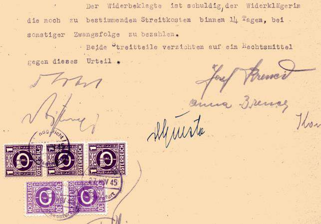 Verwendung als Fiskalmarken auf einem Verhandlungsprotokoll des Landgerichtes Klagenfurt Vorarlberger entwarf Liechtensteiner Briefmarken Dauermarken mit dem Thema "Landarbeit" 1951 erschienen in