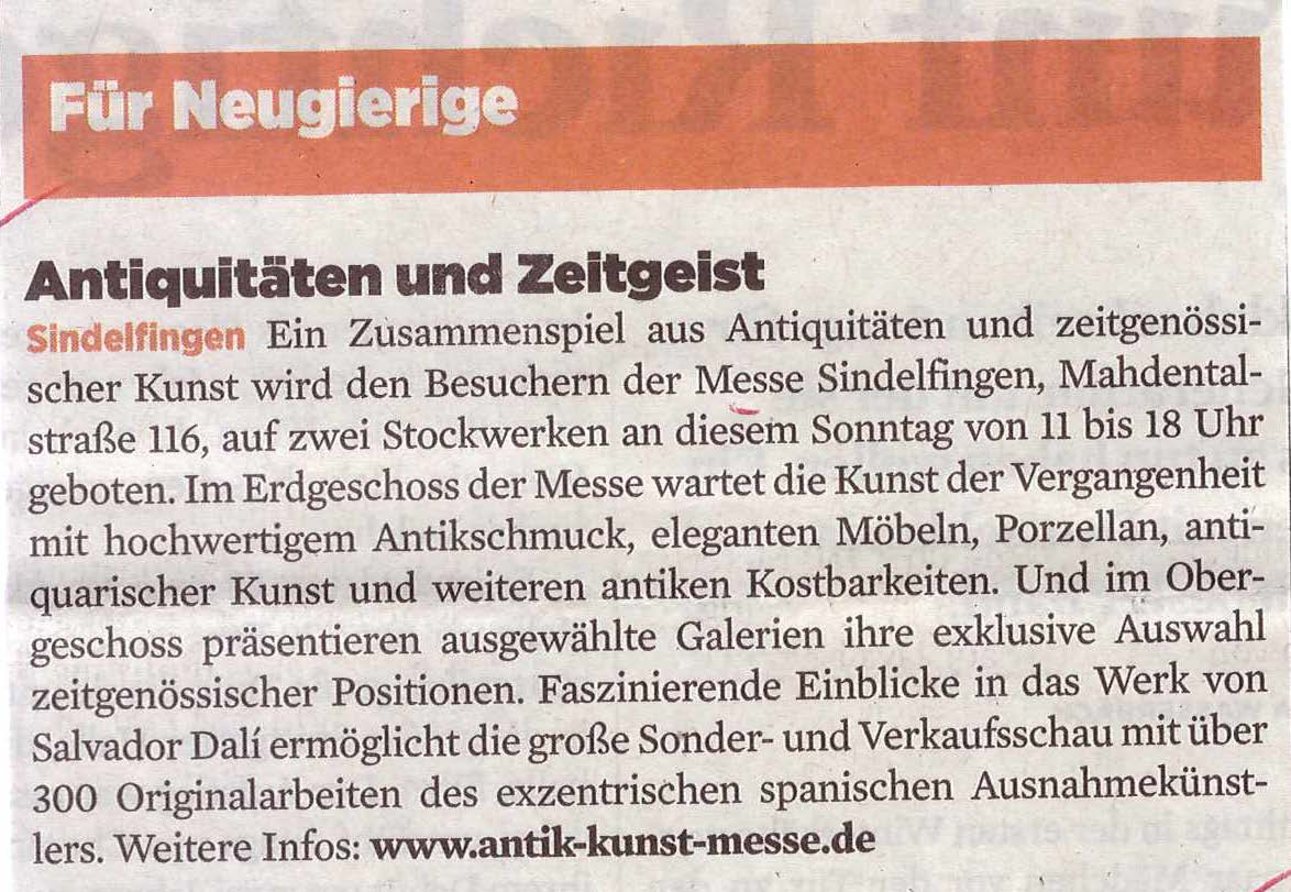 Thema / Veröffentlichung: Unterausgaben: Antik & Kunst Sonntag Aktuell Zeitungsmarkt Stuttgart NWZ