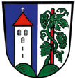 Tegernheimer Wappen Beschreibung: Gespalten von Blau und Silber; vorne auf grünem Berg ein silberner Kirchturm mit rotem