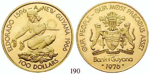 25 Jahre Unabhängigkeit. Satz von drei Münzen in Originalschachtel. Gold. 42,75 g fein. Friedb.9,10,11. 1.650,- GUYANA 190 100 Dollars 1976.