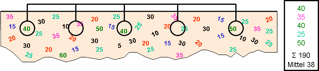 1 zeigt einen vertikalen Bodenprofilschnitt (z. B. durch eine Auffüllung von ca. 1 m Mächtigkeit) in dem die Gehalte eines beliebigen Stoffes in mg/kg eingetragen sind.