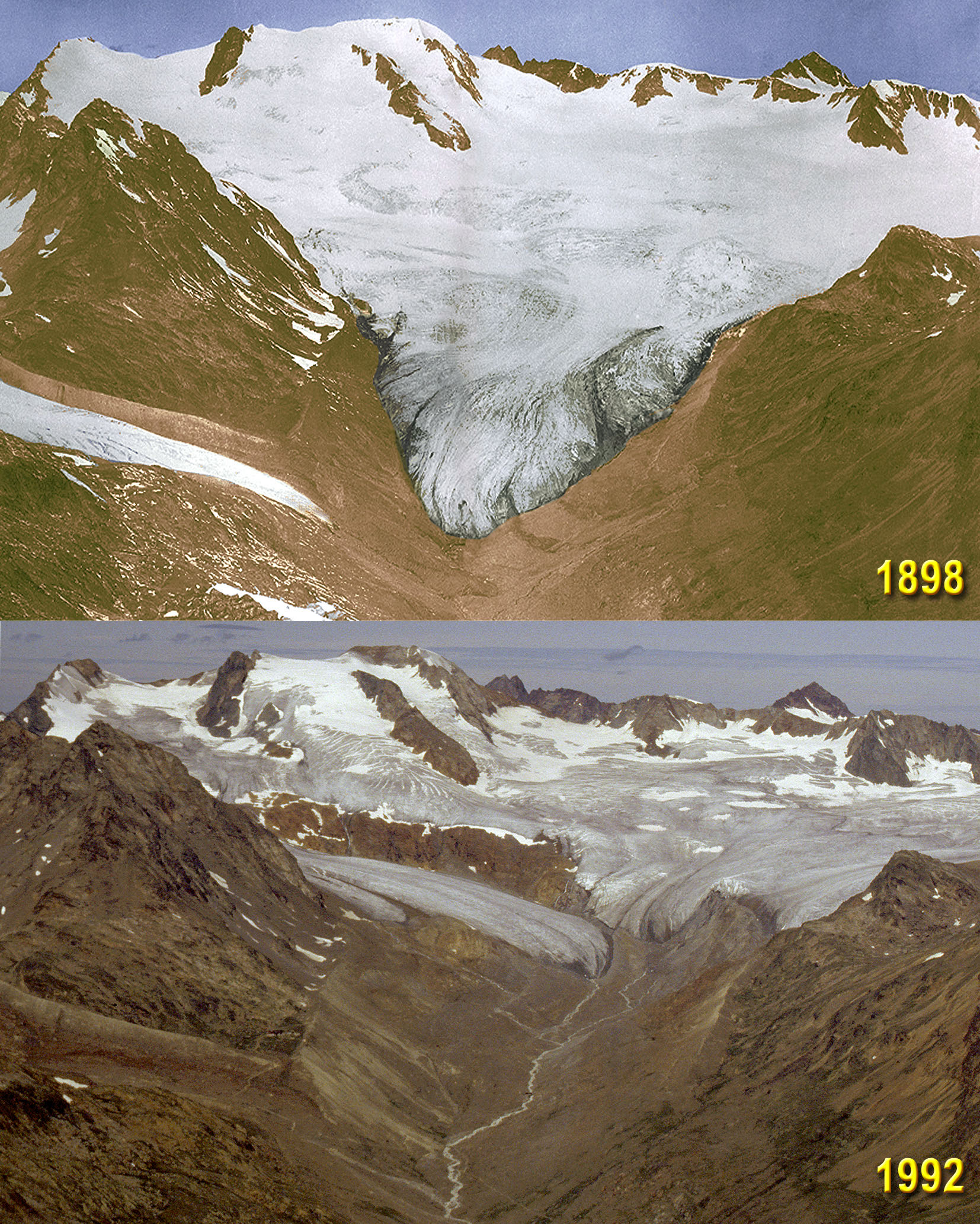 Zwei Ansichten des Vernagtferners zum Vergleich aus dem Jahren 1898 und 1992 vom selben Standpunkt am Gipfel der Kreuzspitze am Ötztaler Kreuzkamm (Fotos: Würthle & Sohn (oben), B.