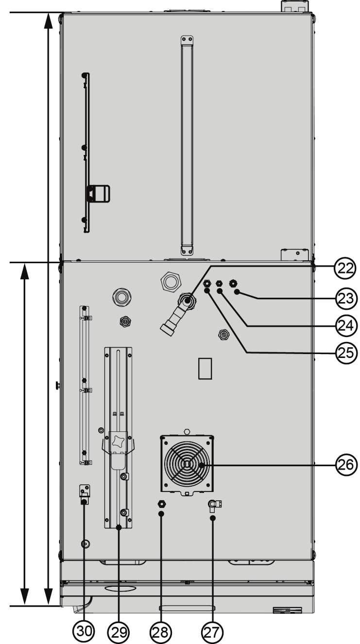 Speisewasserzufluss (aus Wasseraufbereitungs-Anlage) 24. Anschluss der Konzentratleitung aus Wasseraufbereitungs-Anlage 25.