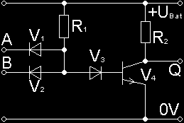Zum Nachbau der Schaltung eignen sich die folgenden Bauelemente: R 1 = 1 kω / 0,25 W, V 1 = 1N4001, V 2 = 1N4001 NICHT-Schaltung Diese logische Grundverknüpfung besteht nur aus einem Transistor und