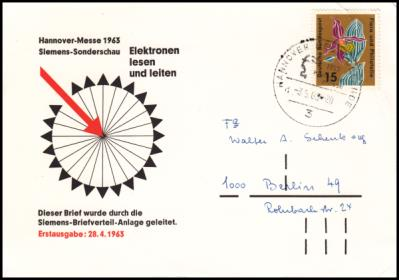 Verschiedene Empfänger, Magnetstrichcodierung der Postleitzahl. Ang_948 Briefverteilanlage Wiesbaden Testbriefe aus der Aufbauzeit der Anlage.