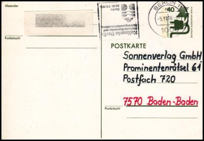 Ang_813 Briefverteilanlage Berlin 11 Bedarfspostkarte seitenverkehrt aufgestellt, daher rückseitig gestempelt, jedoch