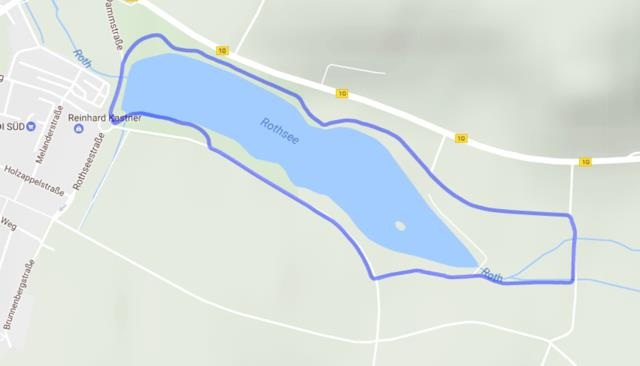 Laufstrecke: NEU: Vom Wechselplatz Rad über die Dammstraße Richtung Osten um den Rothsee über eine Brücke zurück Richtung Westen zur 2.