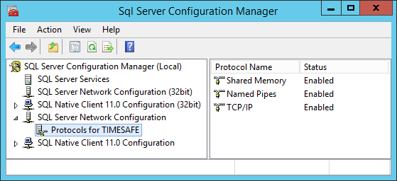 3.2 Protokolle aktivieren 1. Starten Sie den SQL Server Configuration Manager 2. Selektieren Sie links im Baum den Eintrag SQL Server Network Configuration und danach Protocols for TIMESAFE 3.