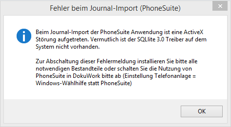 Seite 6 1.c) Installation des SQLlite Treibers für die PhoneSuite-Anbindung : Bei Verwendung der PhoneSuite können in DokuWork auch dann Anrufe protokolliert werden, wenn DokuWork nicht aktiv ist.