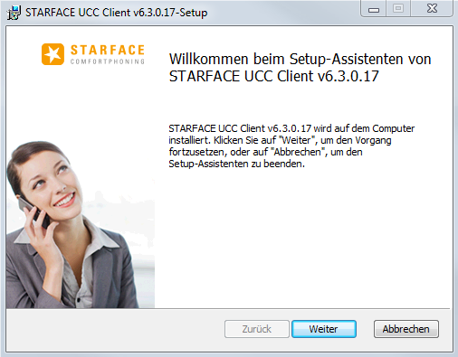 Abbildung 2 - Beginn der Installation des UCC Client Im benutzerdefinierten Setup, das darauf folgt, kann ausgewählt werden, welche Komponenten des UCC Clients für Windows installiert werden sollen.