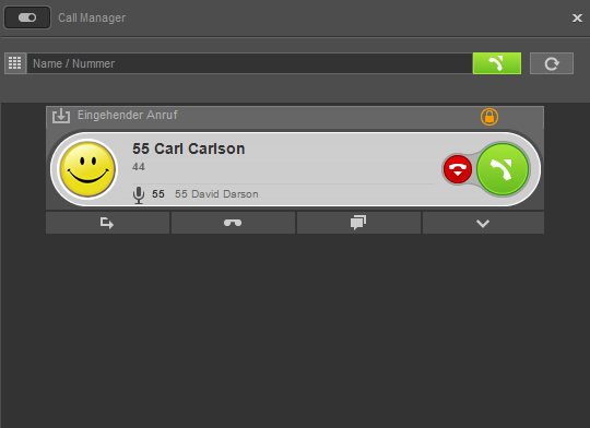 Über die grüne Schaltfläche kann der Ruf im Call Manager des UCC Client angenommen werden. Die rote Schaltfläche weist den eingehenden Ruf ab und beendet ihn.