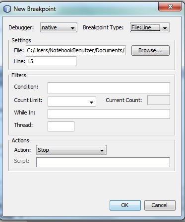 Haltepunkte in einer Zeile Debug New Breakpoint. Als Breakpoint Type wird der Typ File:Line genutzt. Der Haltepunkt wird in einer Zeile des Codes gesetzt.